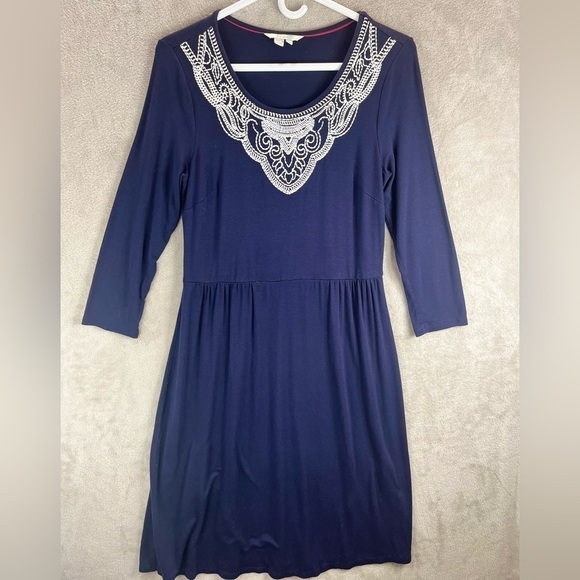 BODEN Navy Blue Dress Size 6 Embroidered Neck - Picture 1 of 15